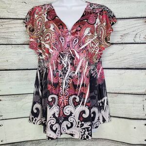 Live and Let Live Women’s L Boho Paisley Lace Back Short Sleeve Tunic Top Black